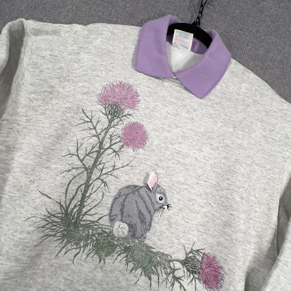 Vintage Embroidered Bunny Rabbit Thistle Sweatshirt Womens XL 90s Hanes Collared